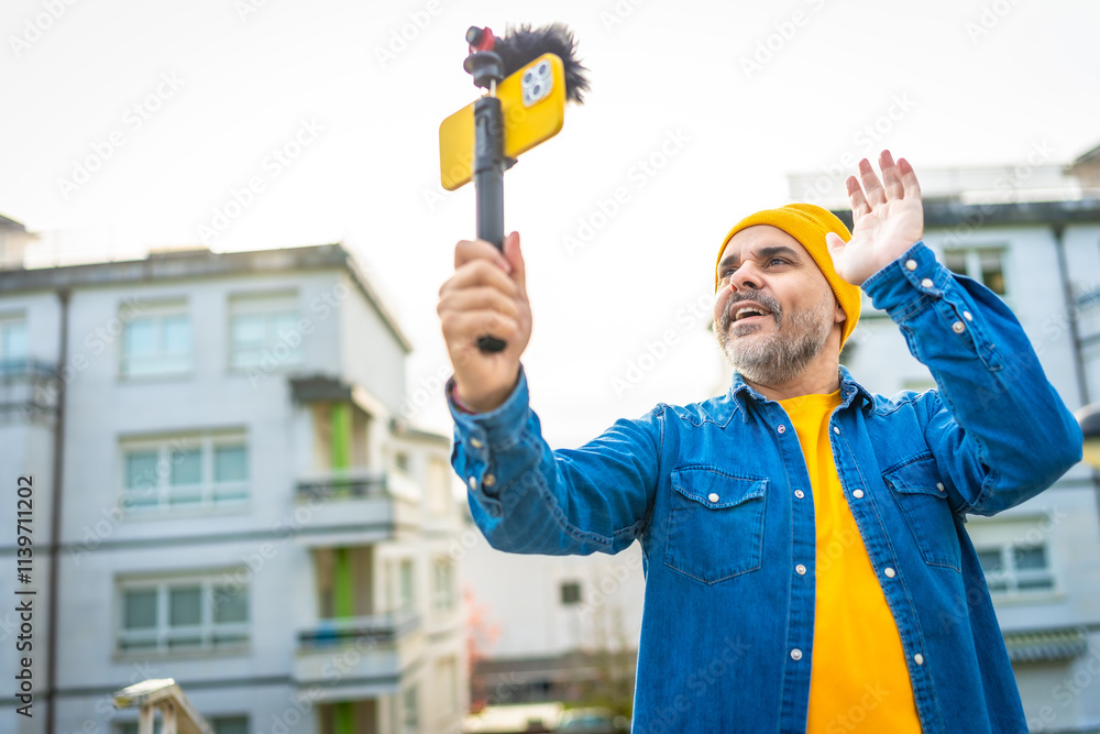 Vlogger waving at camera while recording new video outdoors Vlogger waving at camera while recording new video outdoors