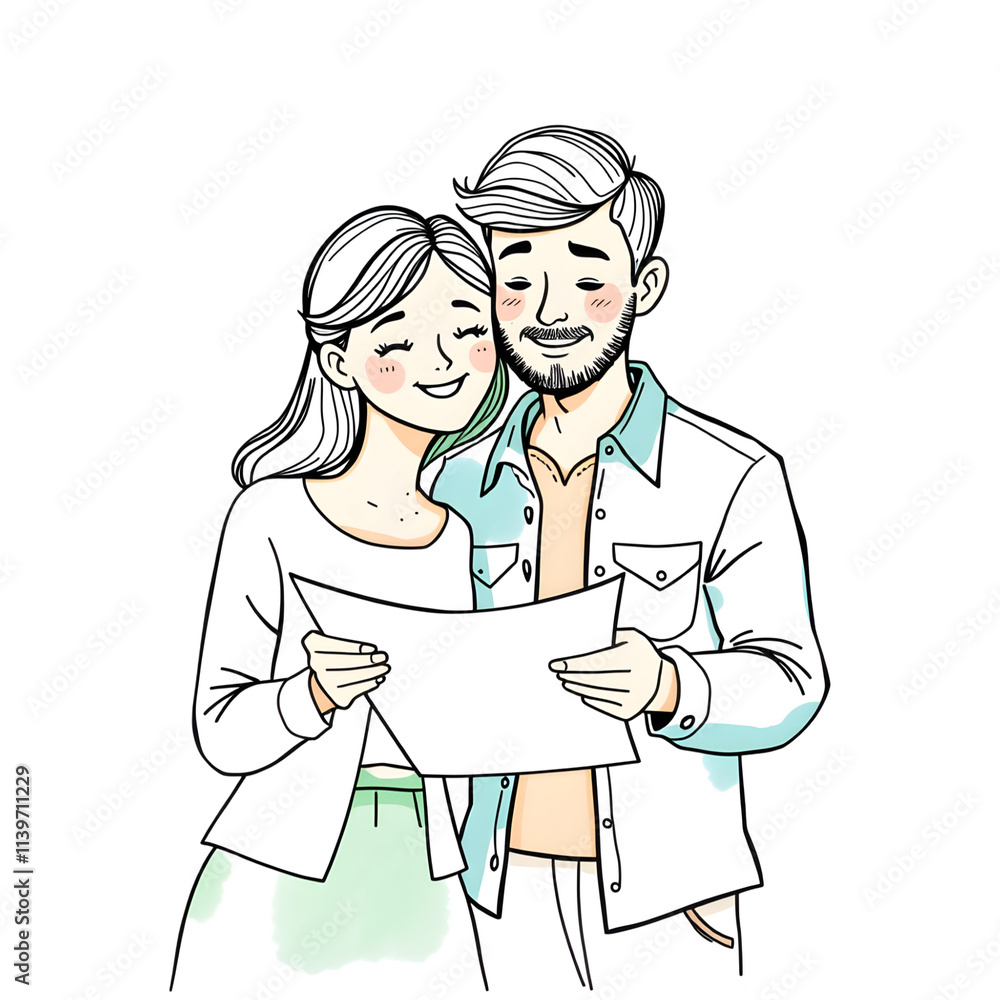 Happy Couple Planning Adventure: A charming hand-drawn illustration of a young couple joyfully reviewing a map, embarking on a journey together. Their shared excitement and anticipation are palpable. Happy Couple Planning Adventure: A charming hand-drawn illustration of a young couple joyfully reviewing a map, embarking on a journey together. Their shared excitement and anticipation are palpable.