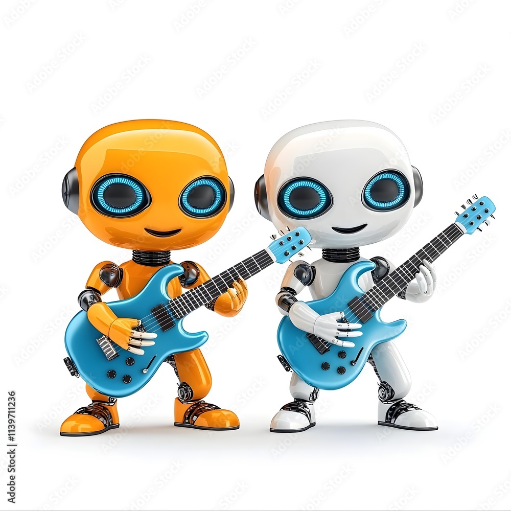 Fototapeta premium Cute Cartoon Robots Playing Electric Guitars in Colorful Design