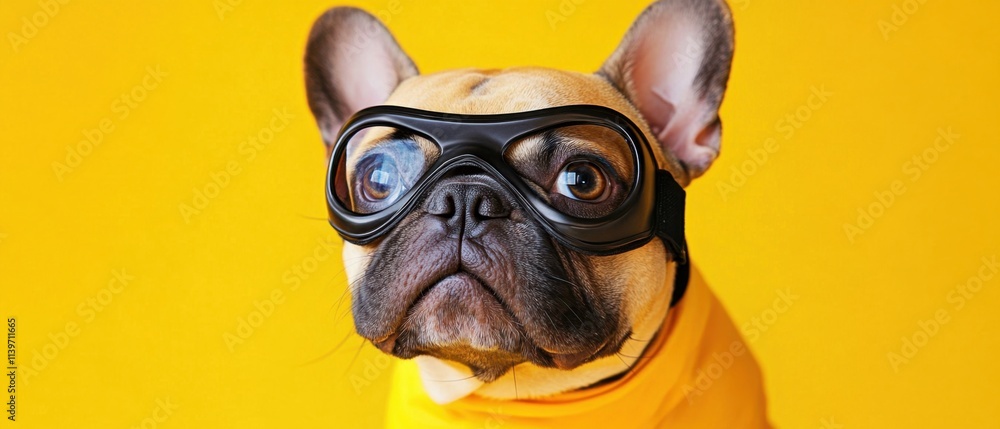 Fototapeta premium Adorable French Bulldog Puppy Wearing Aviator Goggles on Yellow Background