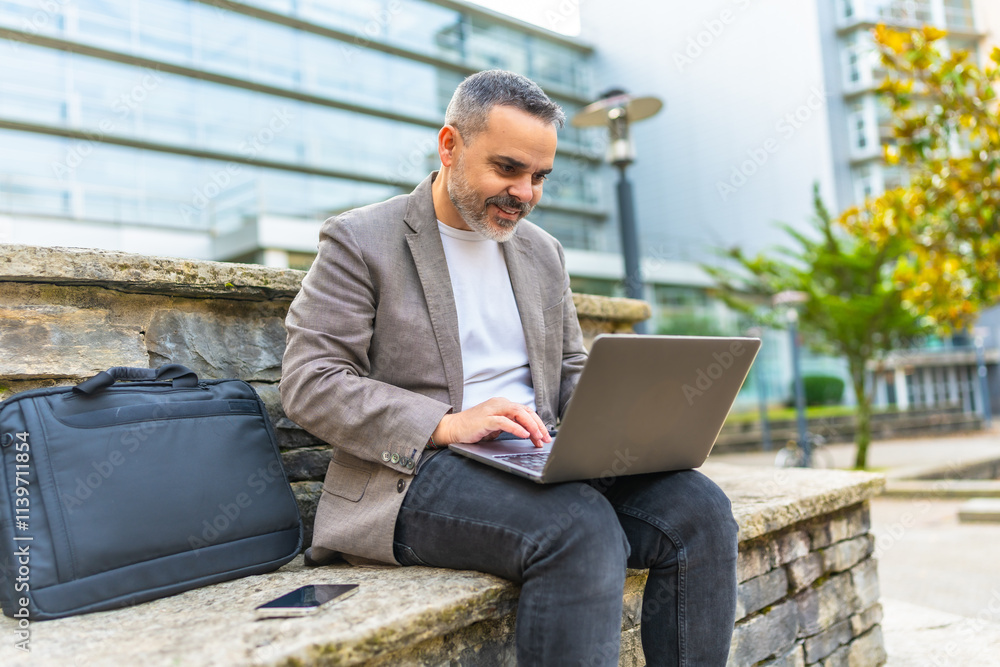 Happy businessman using laptop sitting on a bench outdoors Happy businessman using laptop sitting on a bench outdoors