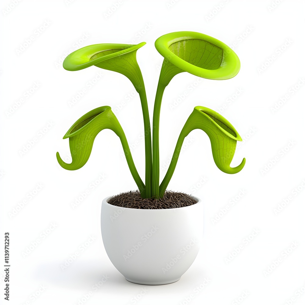 Green Carnivorous Plant in White Pot with Soil Background Green Carnivorous Plant in White Pot with Soil Background