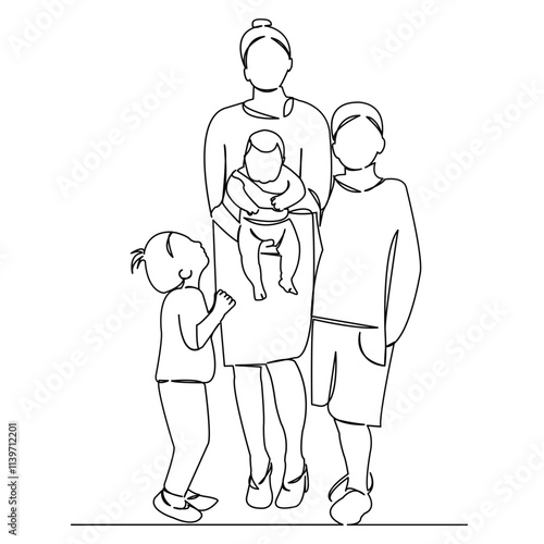 One continuous single drawing line art flat doodle child, mother, mom, family, kid, happy, female. Isolated image hand draw contour on a white background
