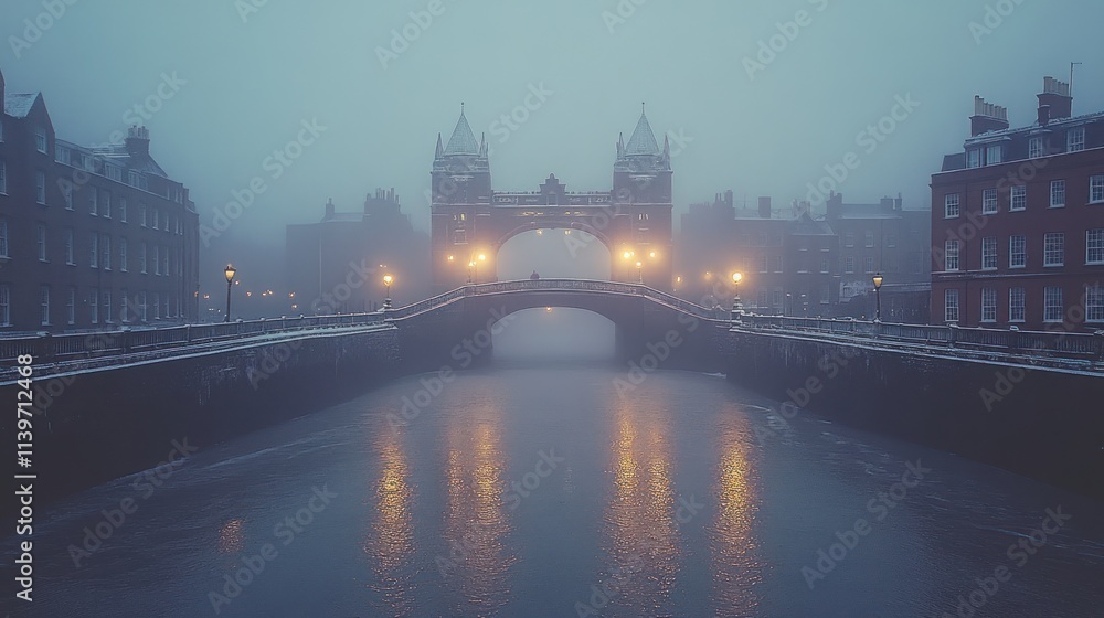 Obraz premium A foggy view of a bridge over a river, illuminated by soft lights in a tranquil setting.
