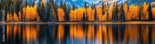 Vibrant autumn landscape with colorful trees reflecting on a serene lake.