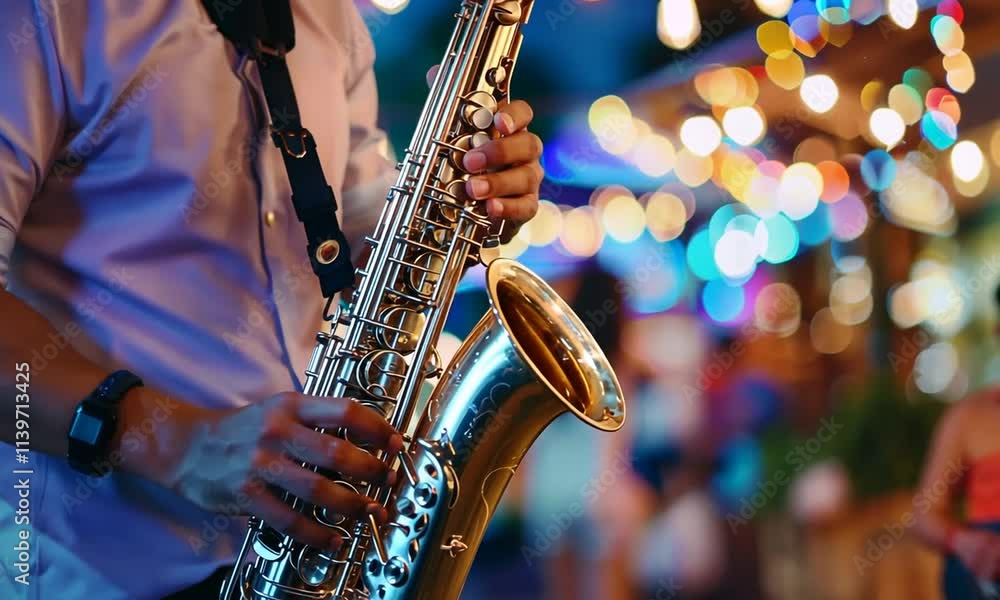 Musicien jouant du saxophone lors d’un concert nocturne en plein air, ambiance festive avec guirlandes lumineuses floues en arrière-plan, scène de rue musicale animée en soirée d’été