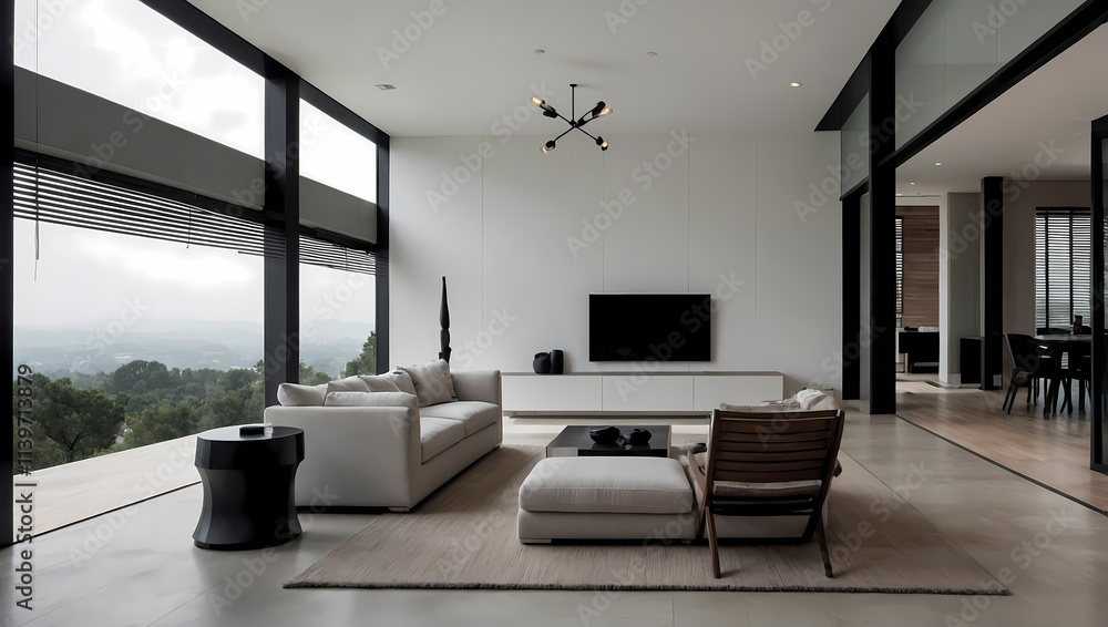 Fototapeta premium Modern living room featuring a white sectional sofa, sleek coffee table, and large windows overlooking a scenic view.