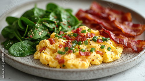 A breakfast plate featuring scrambled eggs, turkey bacon, and fresh spinach on a white platter photo