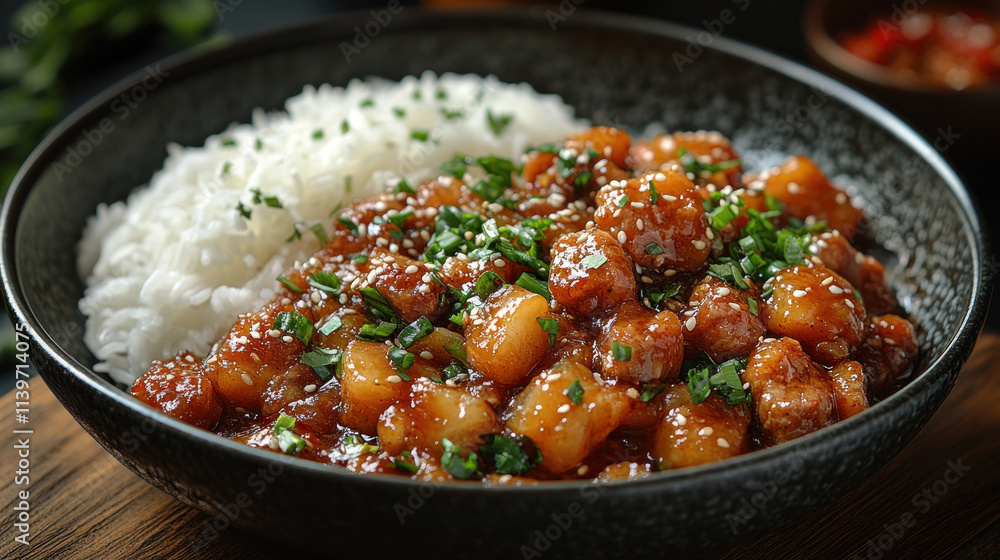 A bowl of Chinese sweet and sour pork served with steamed jasmine rice A bowl of Chinese sweet and sour pork served with steamed jasmine rice