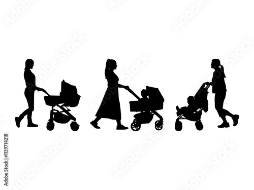 Set of Mother Pushing Stroller Silhouette in various poses isolated on white background