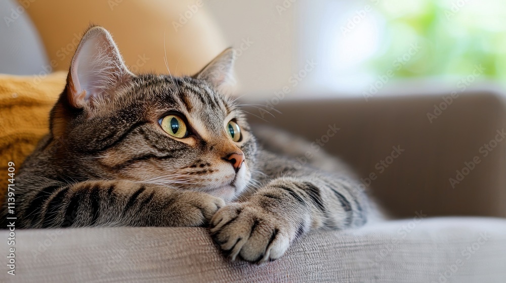 Cute tabby cat resting peacefully on a cozy couch with yellow cushion in soft light Cute tabby cat resting peacefully on a cozy couch with yellow cushion in soft light