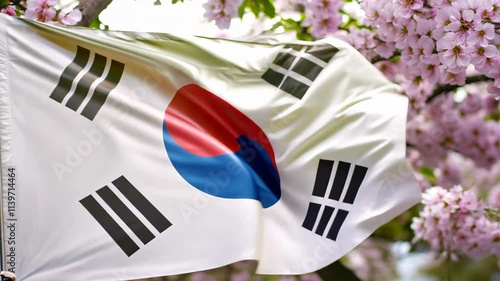 South Korean flag waving with flowers and bright sunlight