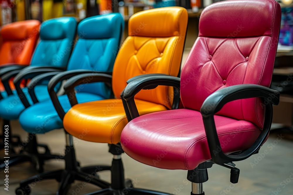 Obraz premium Vibrant leather office chairs in a contemporary showroom.