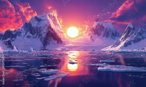 The sun sets over the ice cliffs reflecting bright pink in the calm waters.