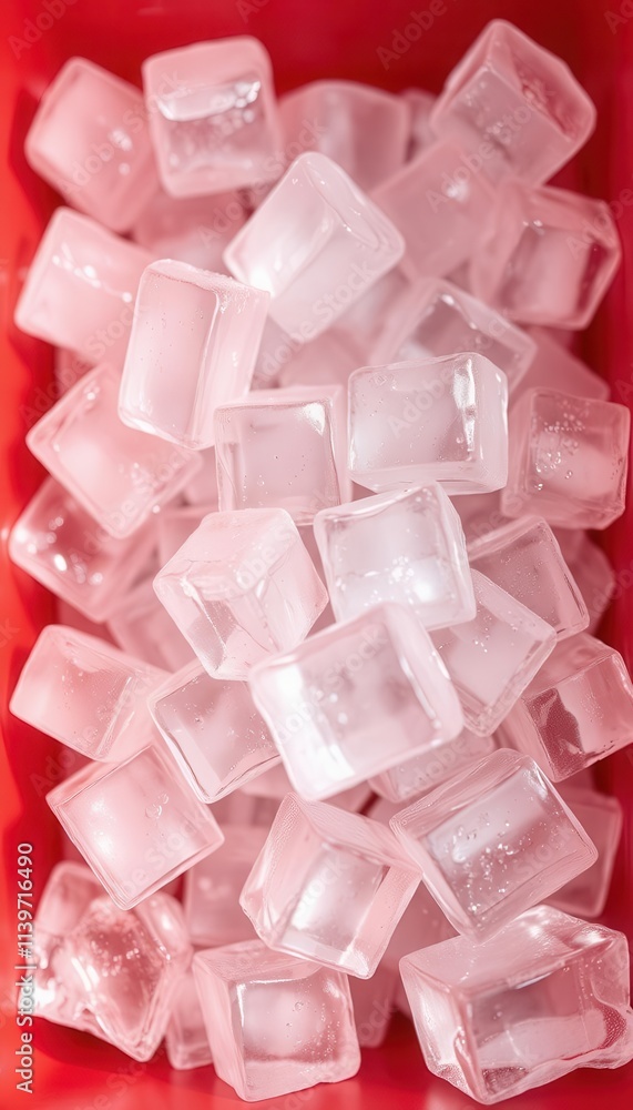 Crystal-clear melting ice cubes in a red cooler with bright lighting. Crystal-clear melting ice cubes in a red cooler with bright lighting.