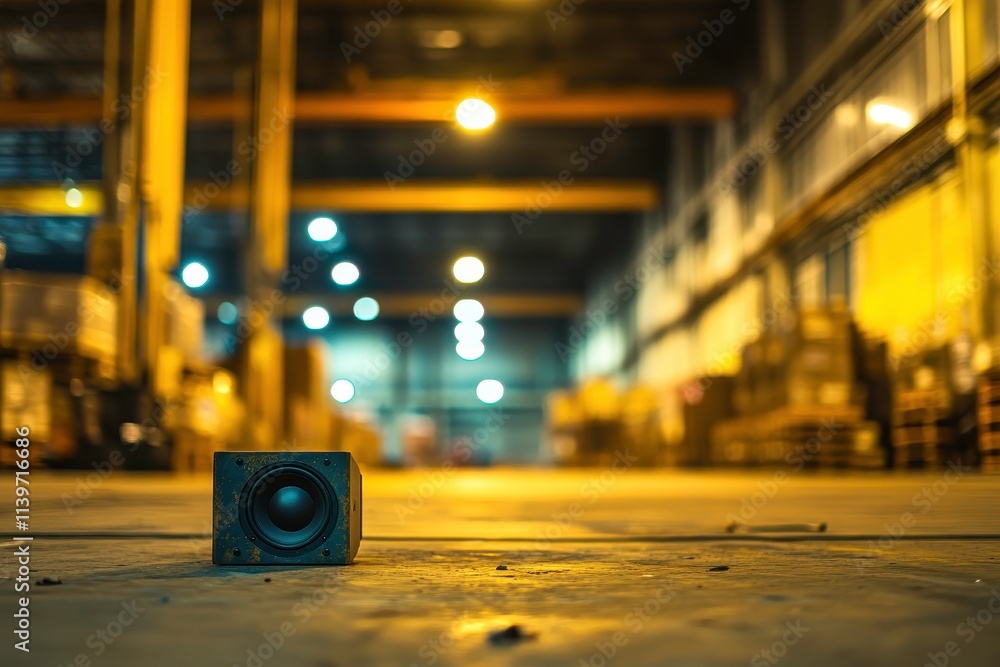 Professional audio equipment placed on warehouse floor, illuminated by warm lights in spacious industrial setting, emphasizing sound technology in a commercial space. Professional audio equipment placed on warehouse floor, illuminated by warm lights in spacious industrial setting, emphasizing sound technology in a commercial space.