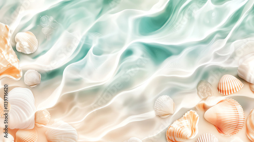 Gentle waves washing over colorful seashells on a serene beach.