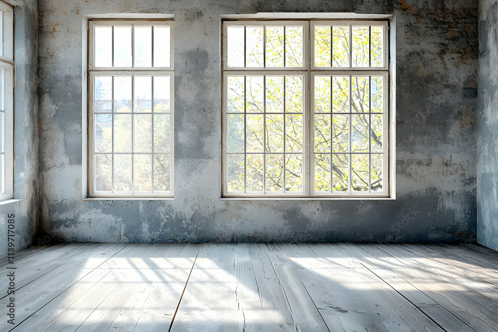 Sunlit Room: Empty Space, Wooden Floor, Large Windows Sunlit Room: Empty Space, Wooden Floor, Large Windows