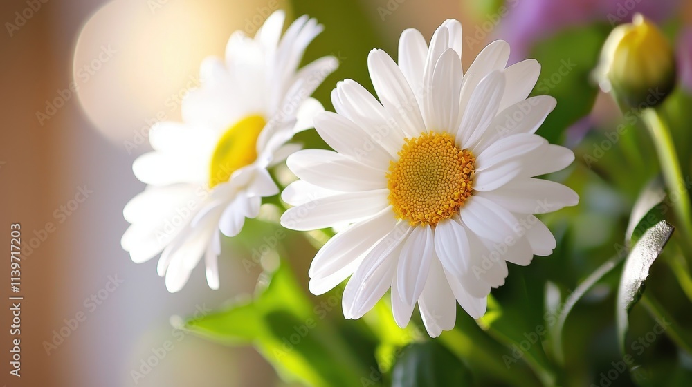 Fototapeta premium Fresh White Daisy Flowers with Yellow Center in Soft Natural Light Background