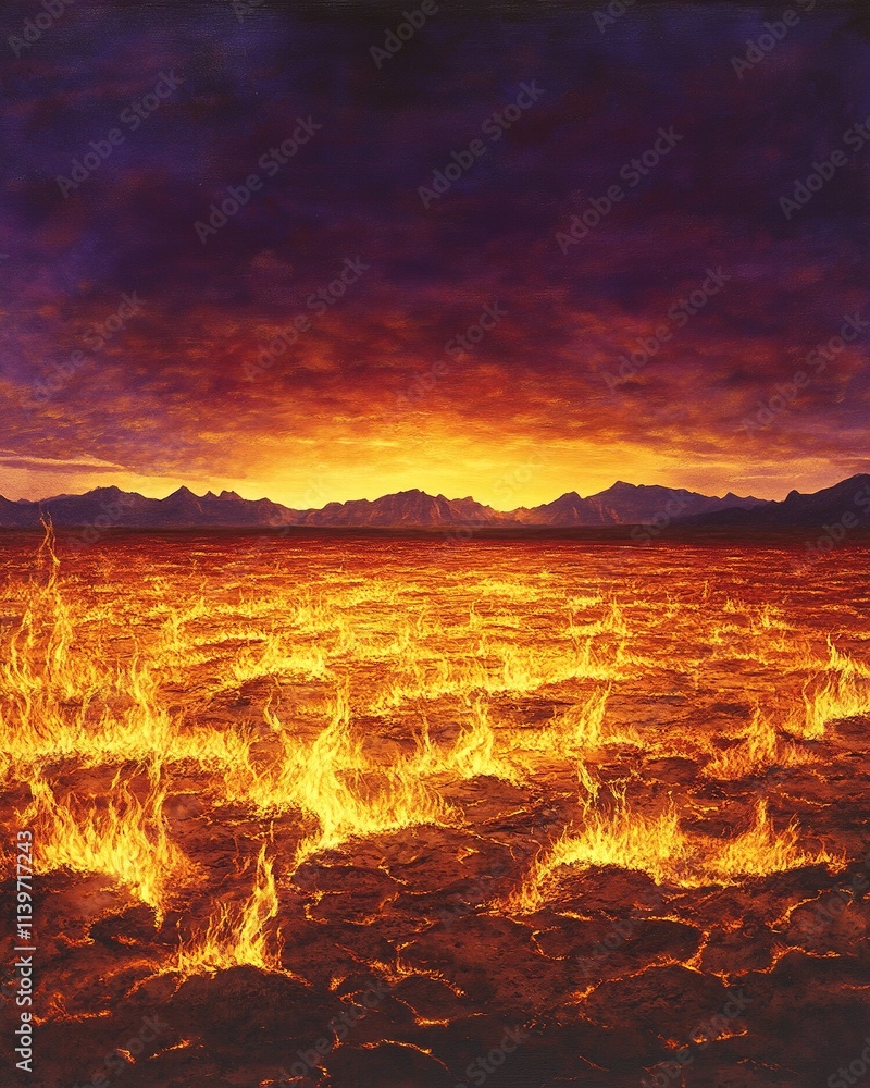 Fiery landscape at sunset, cracked earth ablaze.