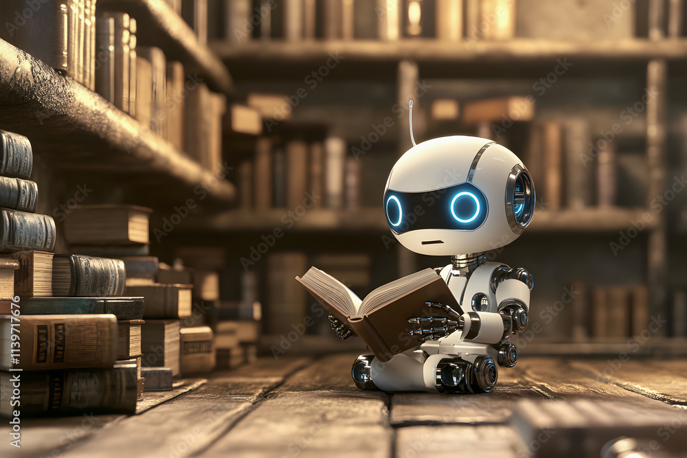 White robot reading a book in an old library: artificial intelligence and machine learning White robot reading a book in an old library: artificial intelligence and machine learning