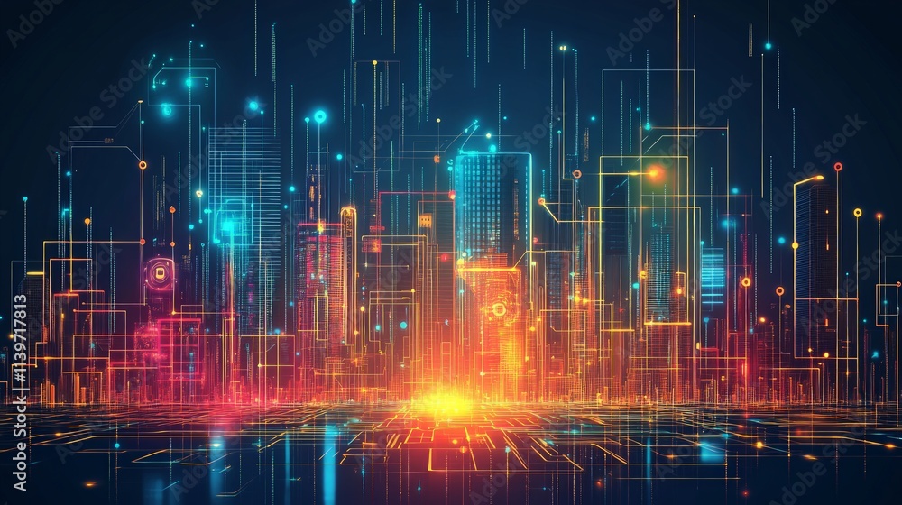 Abstract Representation of a Vibrant City Skyline with Digital Elements Abstract Representation of a Vibrant City Skyline with Digital Elements