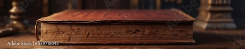 Ancient leather-bound book lying open on a pedestal with scattered pages, forbidden, tome