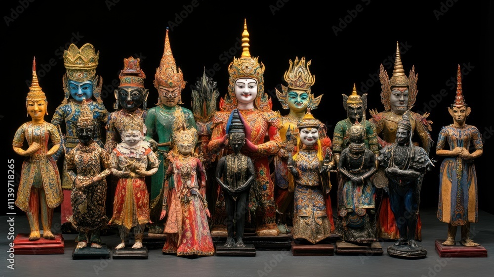 A group of Nang Talung puppets displayed in a colorful arrangement, each representing a unique Thai folklore character with detailed craftsmanship. A group of Nang Talung puppets displayed in a colorful arrangement, each representing a unique Thai folklore character with detailed craftsmanship.