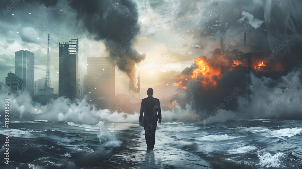 A business executive standing outdoors, looking out at multiple natural disasters approaching, including a flood, wildfire, landslide, and heavy smog from air pollution. The executive is holding a str A business executive standing outdoors, looking out at multiple natural disasters approaching, including a flood, wildfire, landslide, and heavy smog from air pollution. The executive is holding a str