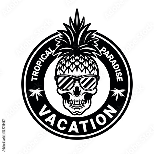 Skull pineapple cartoon character, summer theme vector round emblem in vintage style isolated on white background