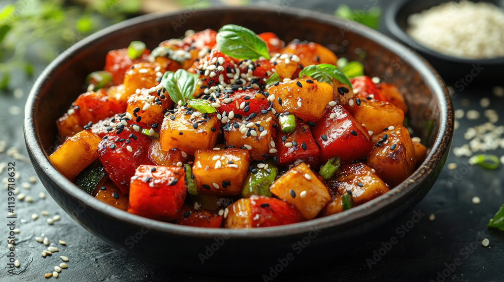 A colorful vegetable stir-fry served with jasmine rice and sesame seeds on top A colorful vegetable stir-fry served with jasmine rice and sesame seeds on top