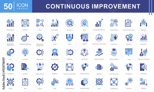 Continuous improvement icon collection set. Containing business, evaluation, innovation, hypothesis, management, optimization, performance icon. Simple line vector illustration.