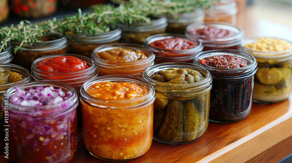 A condiment bar with ketchup, mustard, BBQ sauce, and pickles in small glass jars A condiment bar with ketchup, mustard, BBQ sauce, and pickles in small glass jars