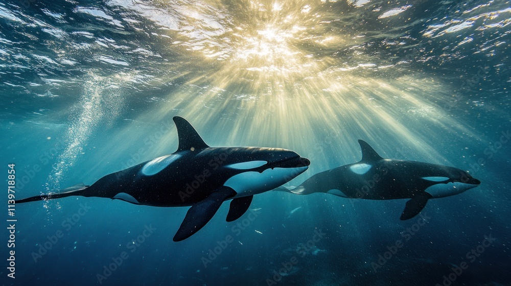 Fototapeta premium Two orcas swimming underwater, sunbeams shining through the surface.
