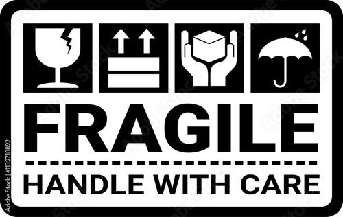 sticker fragile handle with care, black and white warning label, fragile label with broken glass symbol, vector asset. keep dry and avoid liquid sign
