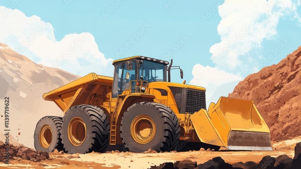 A vibrant illustration of a massive yellow front-end loader tractor with a dirt-filled scoop, set against a dusty open-pit mining site A vibrant illustration of a massive yellow front-end loader tractor with a dirt-filled scoop, set against a dusty open-pit mining site