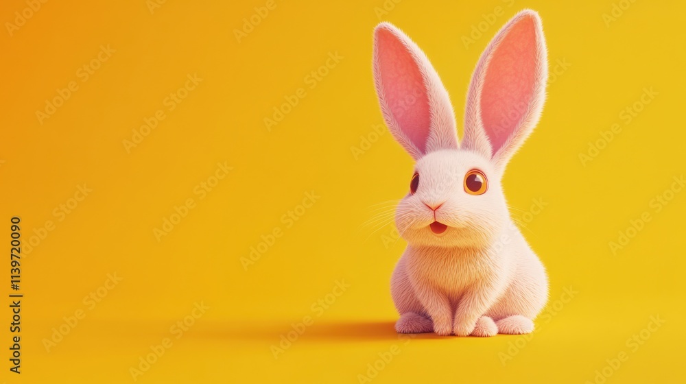 Fototapeta premium Cute cartoon rabbit sitting on a bright yellow background.