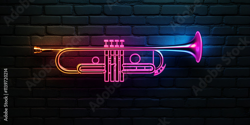 Neon Trumpet Sign on a Brick Wall