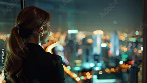 A woman is looking out of a window at the city lights. The city is lit up at night, creating a beautiful and serene atmosphere. The woman is lost in thought