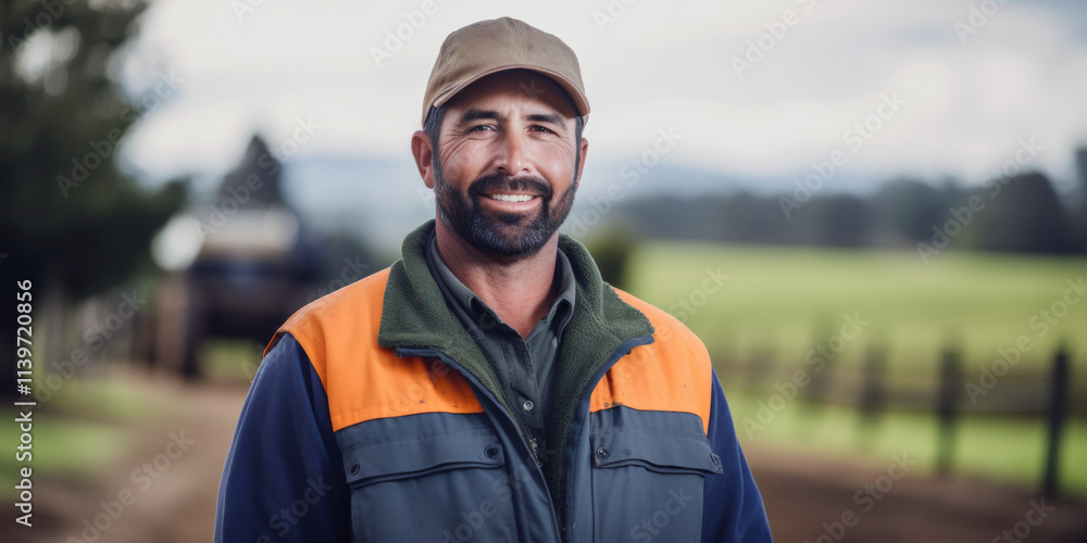 A portrait of a male farmer in overalls stands near his farm. Generative AI. A portrait of a male farmer in overalls stands near his farm. Generative AI.
