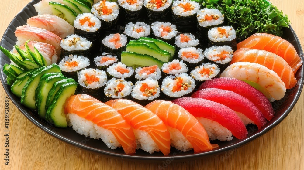 A vibrant, close-up shot of a plate of sushi with colorful vegetables and fresh fish, placed elegantly on a wooden table. This food shot is perfect for content related to Japanese cuisine, restaurants A vibrant, close-up shot of a plate of sushi with colorful vegetables and fresh fish, placed elegantly on a wooden table. This food shot is perfect for content related to Japanese cuisine, restaurants