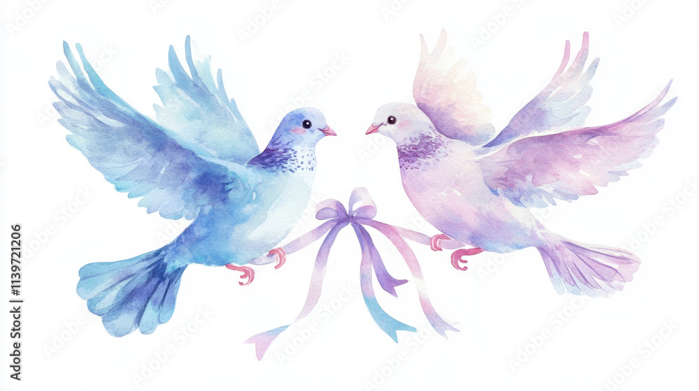 Obraz premium pair of doves flying with ribbons tied to their feet,igeon, peace,