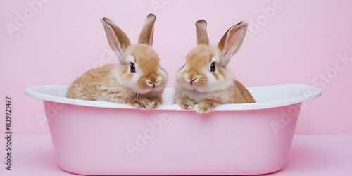 Cute little brown rabbits in the pink bathtub on  pink background