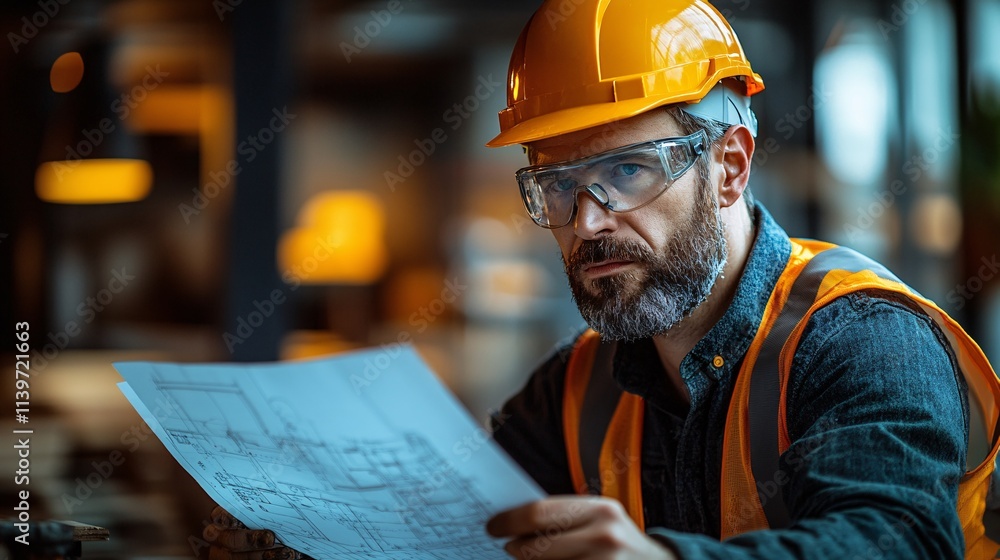 Engineer reviewing blueprints for house construction at site modern environment focused viewpoint Engineer reviewing blueprints for house construction at site modern environment focused viewpoint