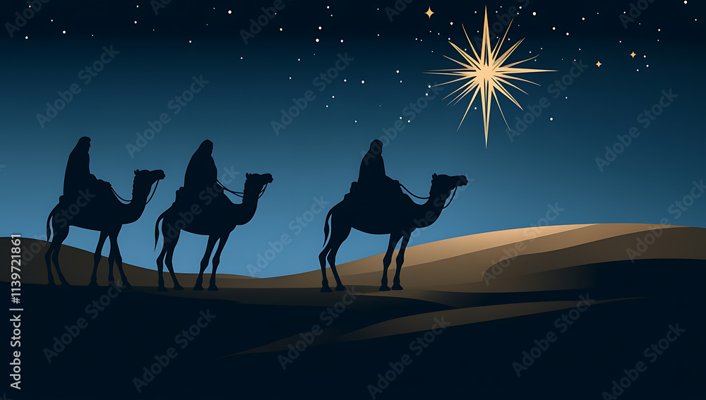 Three Wise Men Journey Following the Bright Star of Bethlehem on Christmas Eve Three Wise Men Journey Following the Bright Star of Bethlehem on Christmas Eve