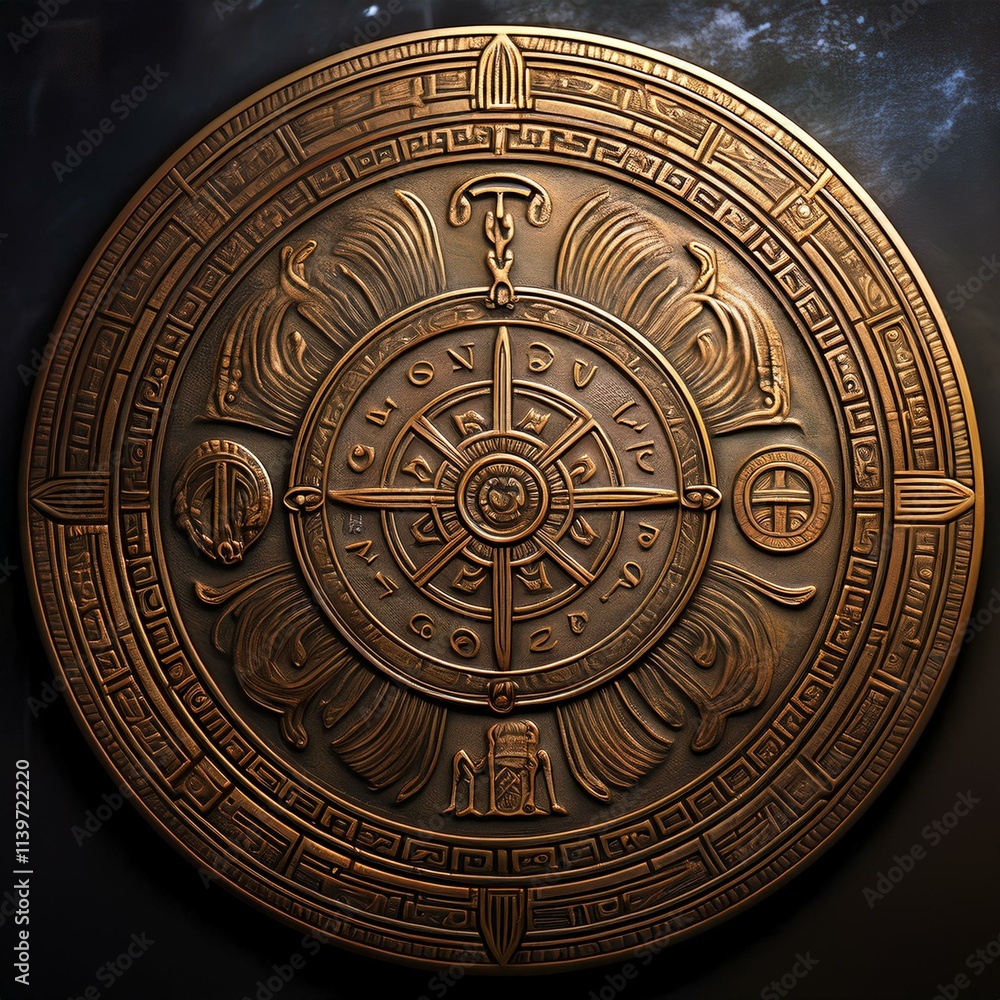 Fototapeta premium Mysterious Bronze Disc with Ancient Alien Script about the Lost Continent of Atlantis