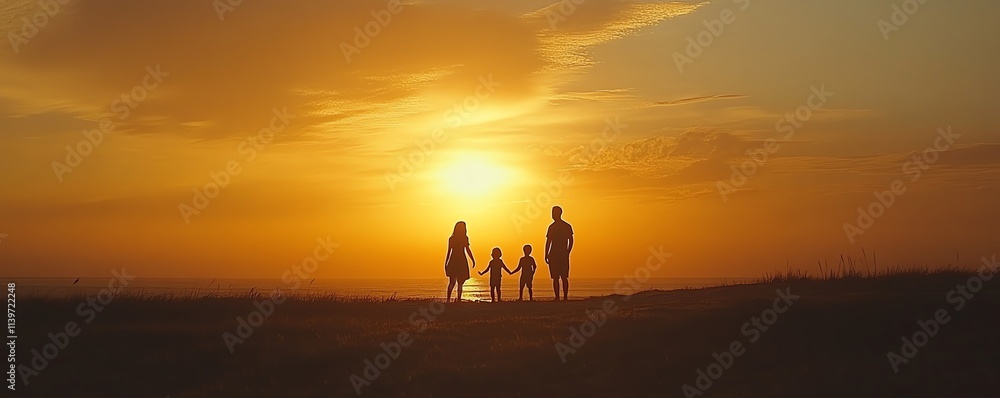 Silhouette of a family at the beach during sunset, warm, peaceful sky with golden tones, ample copy space for a relaxing beachthemed wallpaper or background Silhouette of a family at the beach during sunset, warm, peaceful sky with golden tones, ample copy space for a relaxing beachthemed wallpaper or background