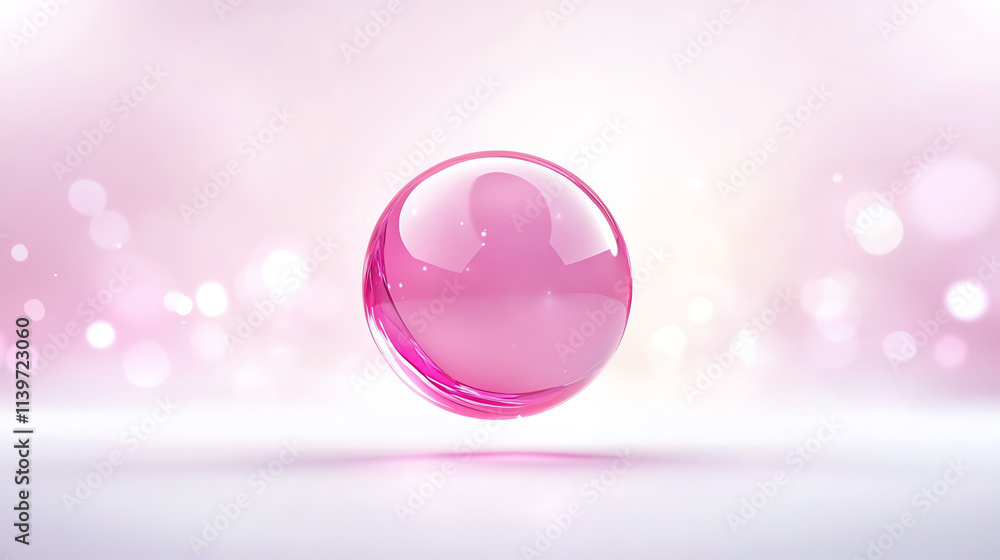 A vibrant pink glass sphere floating with a soft blurred background of shimmering lights. A vibrant pink glass sphere floating with a soft blurred background of shimmering lights.