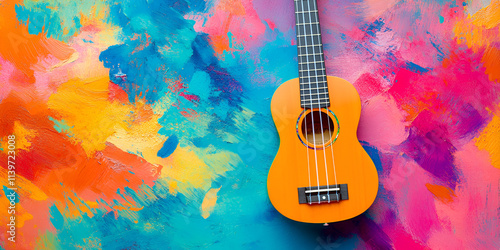 A guitar that is painted in blue and orange
