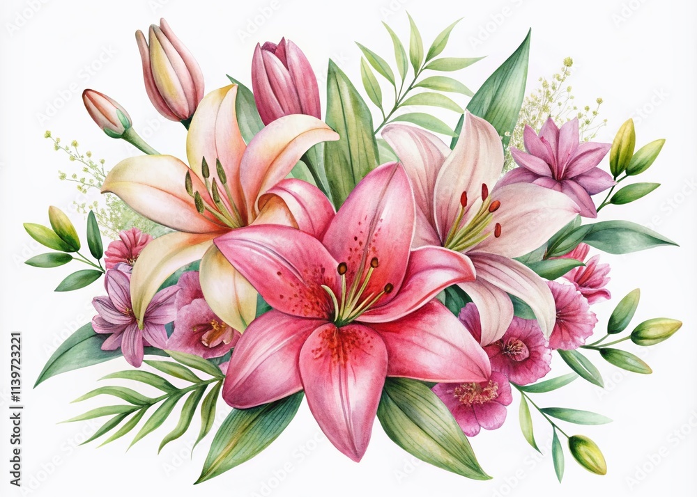 Hand-drawn pink lilies and floral elements create a stunning watercolor set, perfect for low light photography and realistic clipart against a white backdrop. Hand-drawn pink lilies and floral elements create a stunning watercolor set, perfect for low light photography and realistic clipart against a white backdrop.